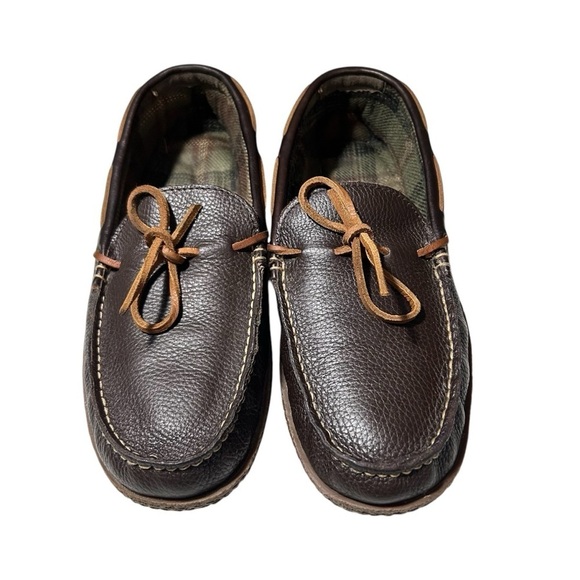 LL Bean HandSewn Men’s Size 11M Brown Leather Slippers Flannel Lined Moccasins - Picture 2 of 7